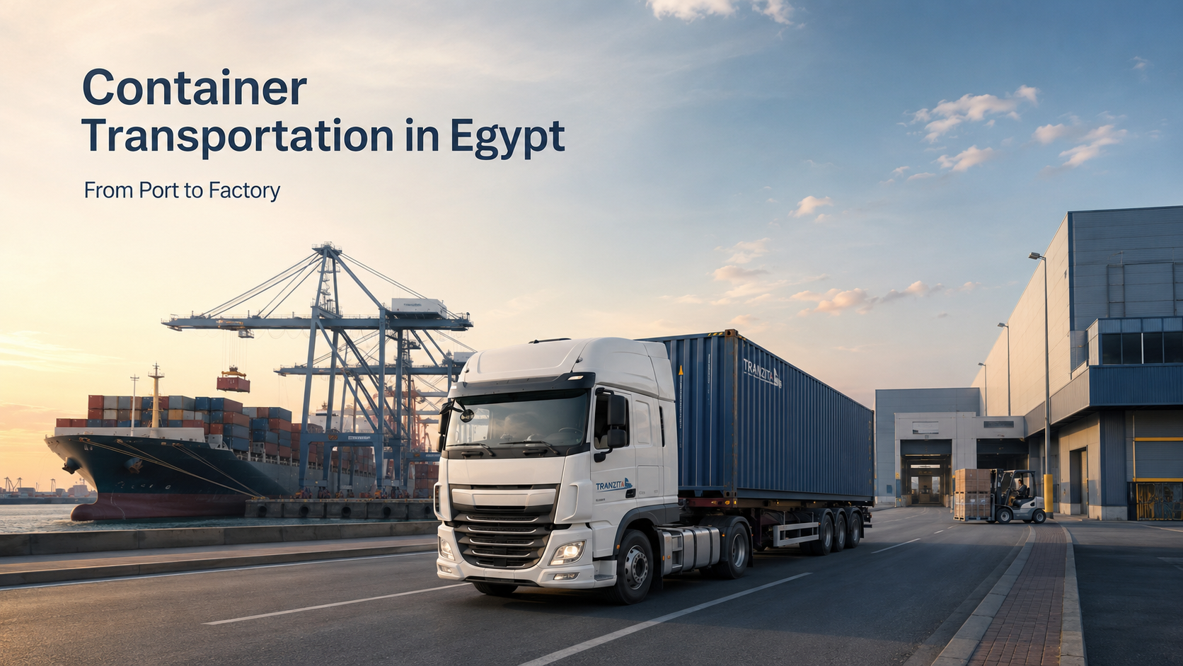 Container truck transporting a shipping container from an Egyptian port to a factory